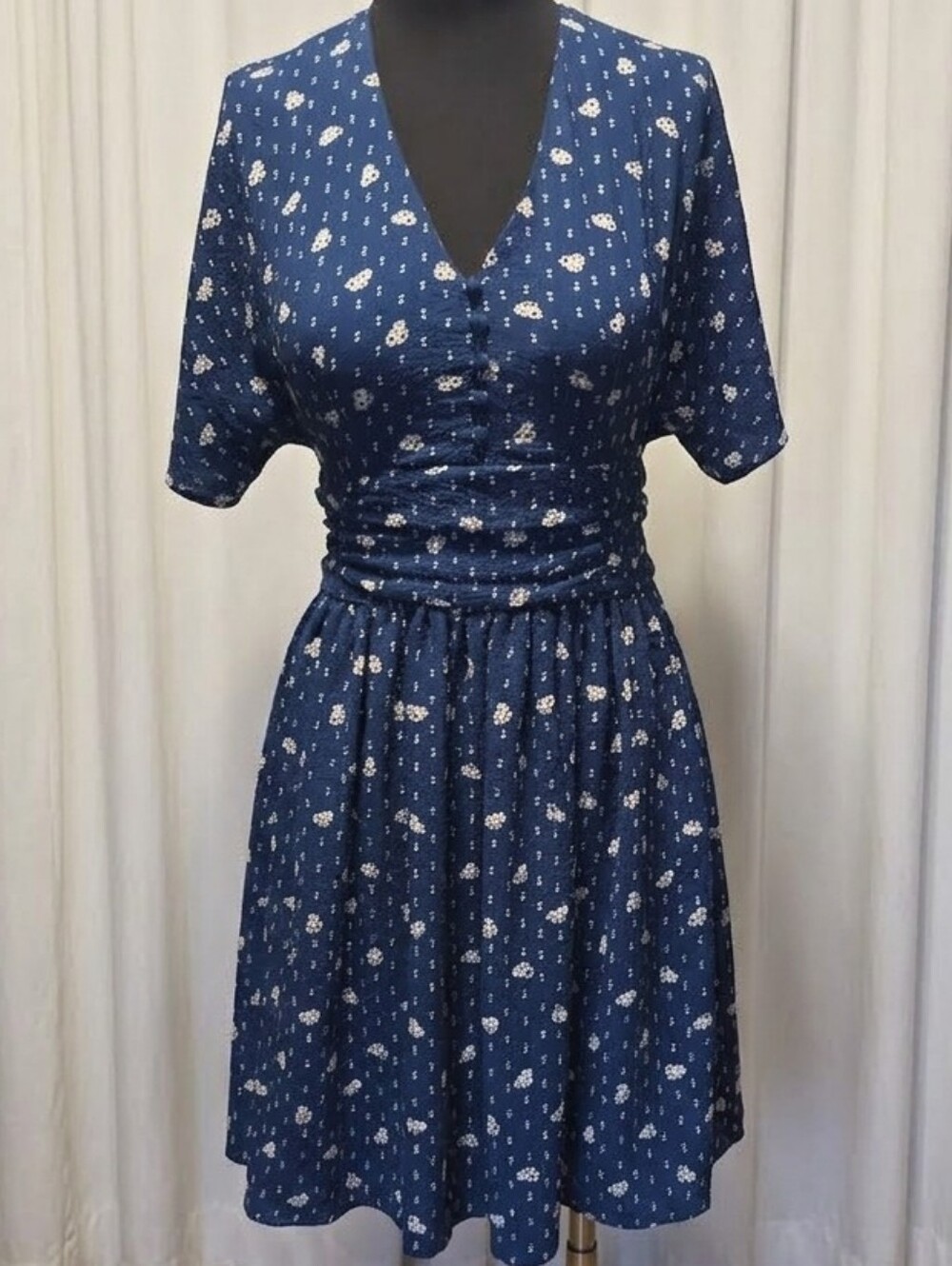 & Other Stories Navy Blue Floral V-Neck Midi Dress